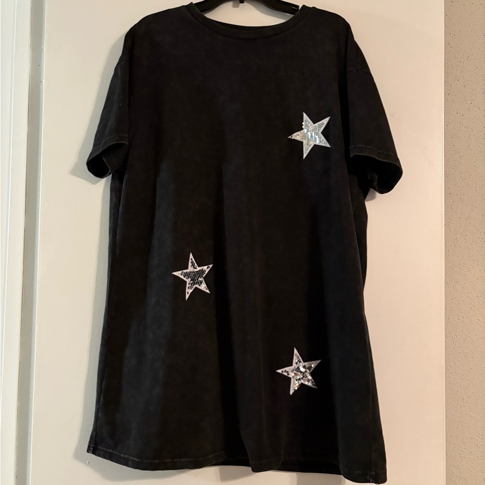 Black T-Shirt with Silver Star Accents